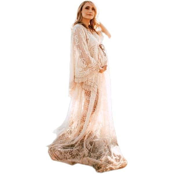 chinese dress ladies Maternity Gowns Deep V-Neck Split Front Maxi Lace Dress for Photography  Boho Viintage Photoshoot Dresses (Beige) at Amazon Women's Clothing store