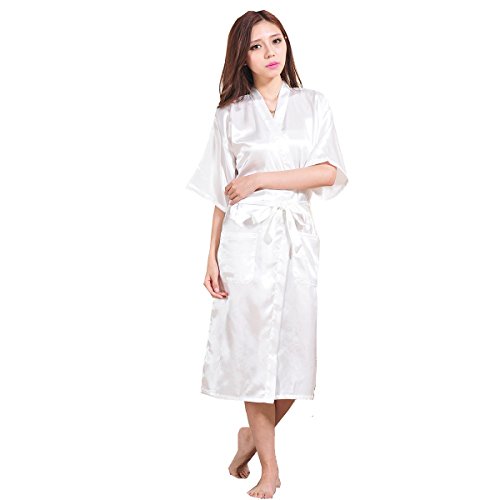 Amzchoice Women's Long Satin Kimono Wedding Party Getting Ready Robe With Gold Glitter (White, S) - Thumbnail 3