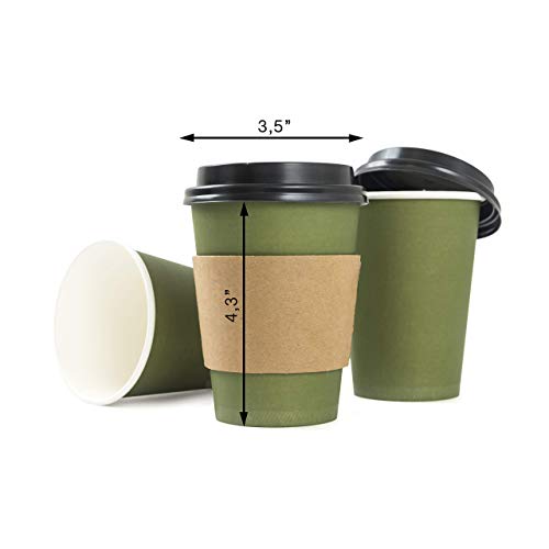 100 Pack Disposable Coffee Cups With Lids by EMP - Disposable And Eco Friendly To Go Coffee Cups - Leak Proof 12 Oz Insulated Coffee Cups - Lids And Sleeves Included