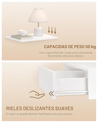 Hzuaneri Floating Bedside Table, U-Shaped Design, White | NS50103X Modern Hanging Shelf and 1 Drawer with Runners, Bedroom and Living Room, 30 x 40 x 29.2 cm