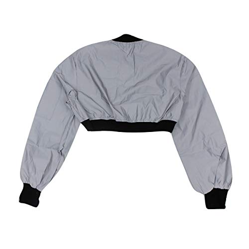 Women Sexy Long Sleeve Zipper Bomber Jacket Gray Reflective Crop Top Coat Short Coat Festival Party Rave Outfit - Thumbnail 7