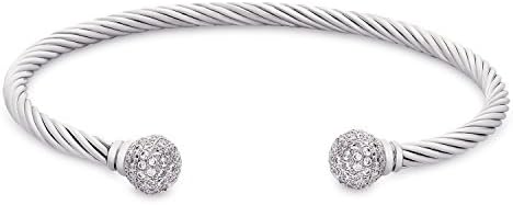 Elastic Twisted Cable Open Cuff Bangle Bracelet with Crystal Balls, 7.25”