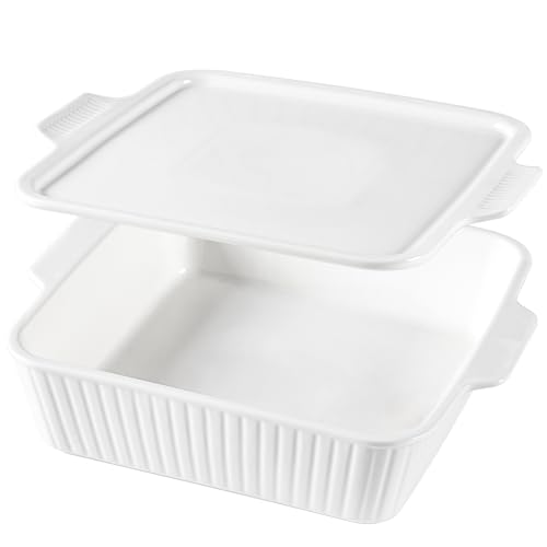 Dizada Casserole Dish for Oven with Lid, 10'' Square Baking Dish, 2-in-1 Ceramic Baking Dish, Baking Pan with Handles, Lasagna Pan Bakeware Oven Safe Baking Dish for Oven, Cake, Kitchen, Microwave, Dishwasher Safe, White