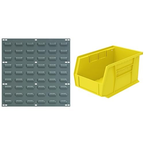 Akro-Mils 18"x19" Steel Wall Mount Louvered Panel with 12-Pack of 9 x6 x5 AkroBins Stackable Plastic Storage Bins (Yellow), Organization Bundle for Garage, Workshop, Classroom Image