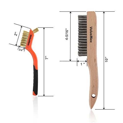 ValueMax Wire Brush Set 8Pcs Stainless Steel/Brass/Nylon Bristles with Curved Handle Grip, Heavy Duty Stainless Steel Wire Scratch Brush with Beechwood Handle for Rust, Dirt and Paint Cleaning