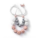 Mini-me Long Teething Necklace, 100% BPA Free Silicone Beads, Chewlery, Instant Pacifier, Teething and Drooling Relief (Pink, White, Gray)