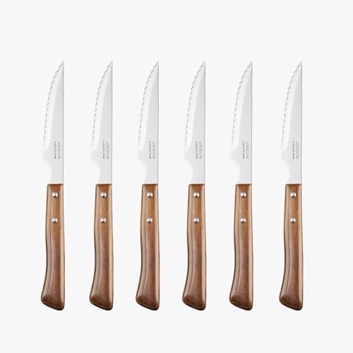 Jeu de 6 Couteaux à Steak - Lame Perlée en Acier Inoxydable. Manche en Bois de Hêtre. Série Table