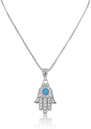 SILVERCLOSEOUTRhodium Plated Sterling Silver Womens Created Blue Opal Evil Eye Hamsa Necklace 18" Hand of Fatima Necklace