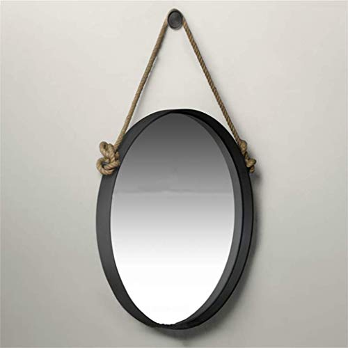 Contemporary Wall Mirror with Hemp Rope Hanging Strap Black Metal