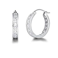 Carleen Sterling Silver Channel Setting Princess Cut Sparkling CZ Cubic Zirconia Simulated Diamond Click-top Medium Huggie Hoop Earrings Fine Jewelry For Women Girls Diameter 20mm Thick 3mm