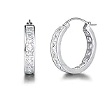 Carleen Sterling Silver Channel Setting Princess Cut CZ Cubic Zirconia Simulated Diamond Click-top Medium Huggie Hoop Earrings Fine Jewelry For Women Girls Diameter 20mm