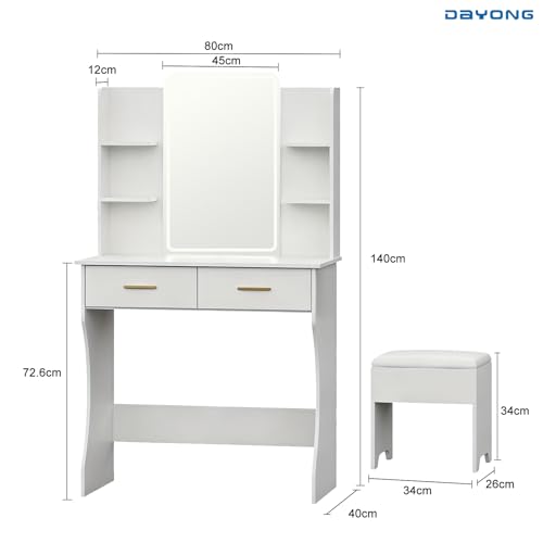 DAYONG Makeup Vanity Desk with LED 3-Colour Mirror, Vanity Dressing Table with 2 Drawers and Open Shelves, Vanity Table Set with Cushioned Stool for Bedroom, 80x140cm (White)