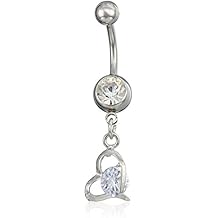 Women's Surgical Silver Stainless Steel Cubic Zirconia Belly Body Piercing Jewelry Ring With Asymmetrical Heart Charm, One Size
