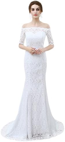 Yang Zhengmei Womens Long Off Shoulder Lace Mermaid Wedding Dresses Ivory 4