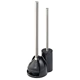 mDesign Compact Freestanding Plastic Toilet Bowl Brush and Plunger Combo Set with Holder for Bathroom Storage and Organization - Sturdy, Heavy Duty, Deep Cleaning - Black/Brushed Stainless Steel