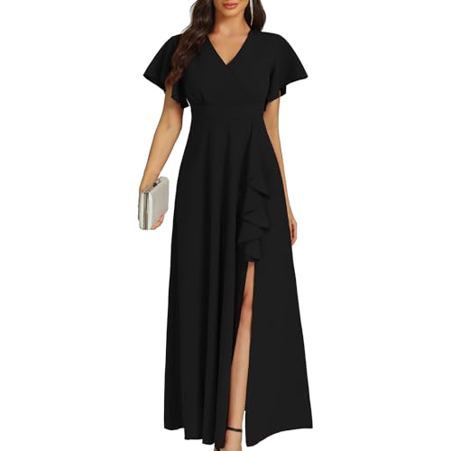COOAN Women's Black Long Formal Dresses, Cocktail Dresses, Wedding Guest Dresses, Ruffle Division, Elegant V Neck, Party Dresses