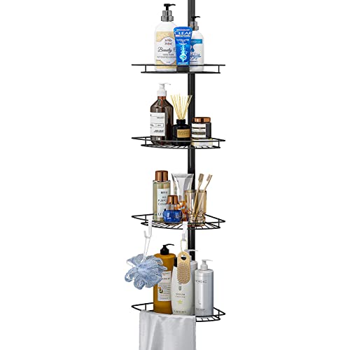 AIYAKA Tension Corner Shower Pole Caddy, with 2 Hooks, Bathroom Storage