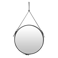 PU Leather Frame Round Decorative Wall Mirror with Hanging Chain Silver Hardware Hanger/Hook (Dark Gray, 15.8inchs)