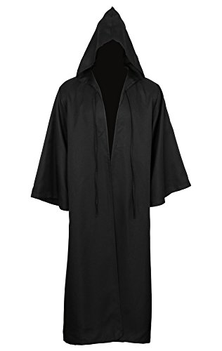 Men Tunic Hooded Robe Cloak Knight Gothic Fancy Dress Halloween Masquerade Cosplay Costume Cape (XXL, Adult Black)