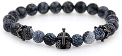 Warrior Helmet Beaded Bracelet,Natural Snowflake Obsidian Gemstone Beads,Spartan Crown Stretch Bracelet Charms