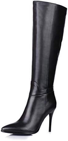 Jiame Women's Zipper Pointed Toe High Heel Stiletto Black Knee High Tall Dress Boots (11B(M) US(Asia 43), Black)