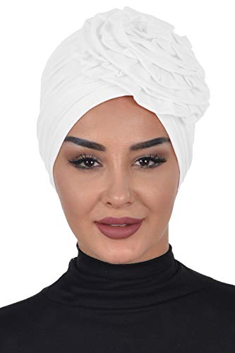 Instant Turban Cotton Scarf Head Wrap Cancer Chemo Headwear Rose Detail - White