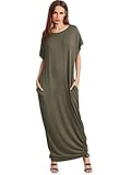 Verdusa Women's Summer Casual Loose Long Dress Short Sleeve Pocket Shift Maxi Dress Olive Green L