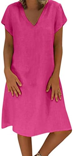 WEISUN Women Summer Dress Ladies Plus Size Dress T-Shirt Cotton and Linen Dress Casual Short Sleeve Midi Dress