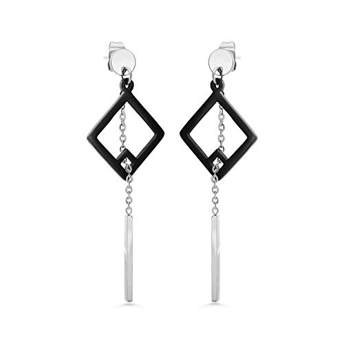 555Jewelry Womens Stainless Steel Delicate Pretty Stylish Long Drop Dangle Diamond Shape Hollow Simple Geometric Earring Hanging Chain Bar Fashion Jewelry Accessory Earrings, Silver & Black