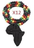12 Pieces of Black Wooden Africa Pendant with Multi Colored 28 Inch Beaded Necklace Chain