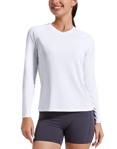 Pioneer Camp Women's UV Sun Protection SPF Shirt V Neck UPF 50+ Long Sleeve Workout Tops Quick Dry Rash Guard Hiking Running White at Amazon