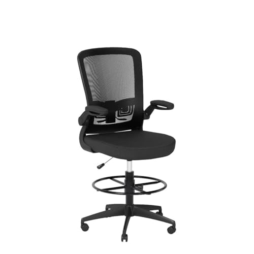 POWERSTONE Drafting Chair, Ergonomic Tall Office Chair for Standing Desk with 3IN Thick Cushion, Flip-up Arm, Adjustable Back Support & Footrest Workbench Rolling Stool Computer Chair (Black 1PCS)