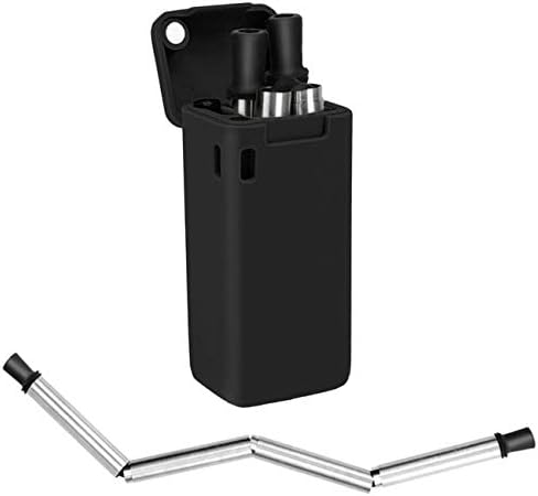 JiuQu Collapsible Reusable Straw, Composed of Stainless Steel and Food-grade Silicone, Portable Set with Hard Case Holder and Cleaning Brush, For Party, Travel, Household, Outdoor, etc. (Black)