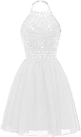 HEAR Women's Halter Crystals Prom Gown Short Backless Chiffon Cocktail Dresses Hear185