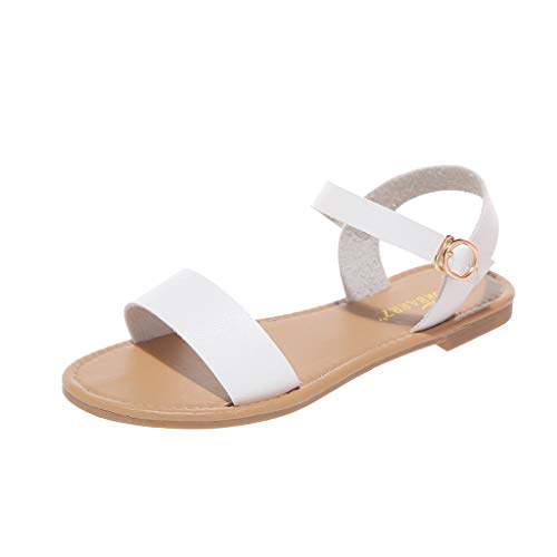 Women's Soft Faux Leather Open Toe and Fashion Ankle Strap Buckle Flat Sandals Comfortable Sandals Shoes White
