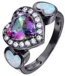 Pixel Jewelry 1985 - Heart-shaped Mystic Rainbow Topaz White Fire Opal 10Kt Black Gold Filled Ring Size6