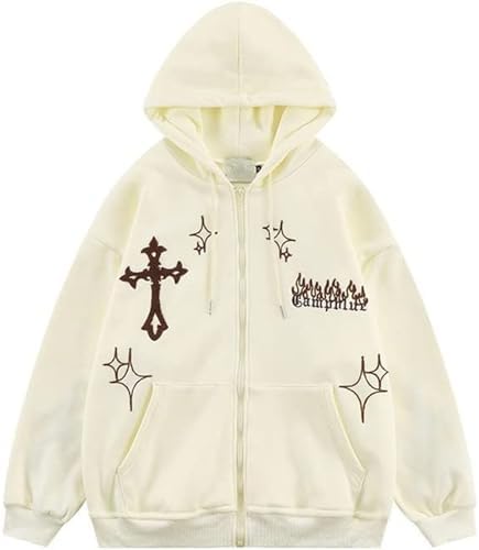 YUNZSXJY Womens Men Zip Up Grunge Hoodie Cross Print Jacket