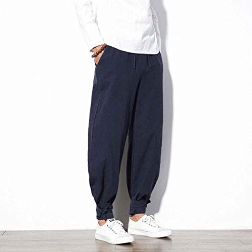 Willsa Men's Pants Men Chinese Harem Elastic Waist Solid Cotton Loose Baggy Trousers Plus GY/3XL