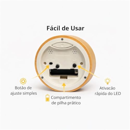 Relógio de Mesa Analógico de Madeira Redondo Decorativo Silencioso 11cm Design Decorativo Sem Tique-Taque Com Led Escritório