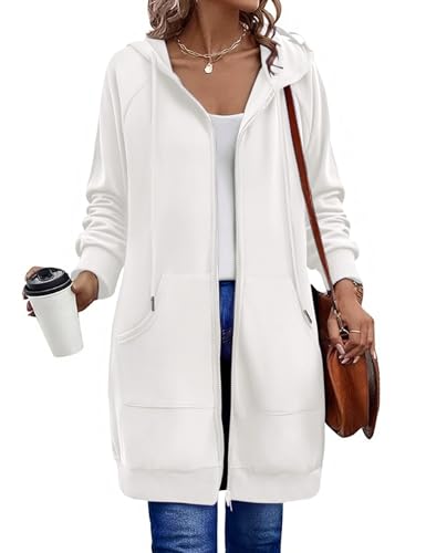 Zeagoo White Women's Zip Up Hoodies Extra Long Tunic Sweatshirt Fleece Coat at Amazon