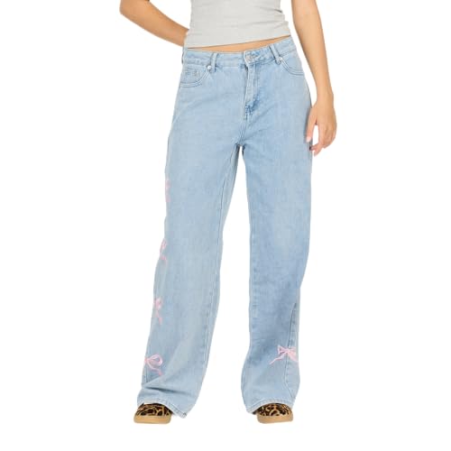 Forever 21 Women’s Wide-Leg Jeans – Graphic Patch & Angel Wing Back Detail, Hig…