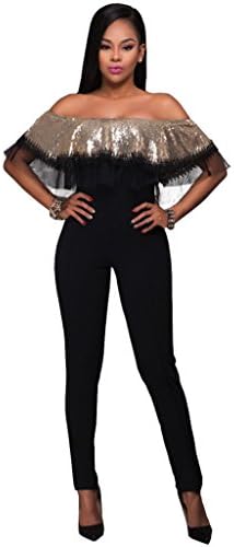 Womens Sexy Boat Collar Lotus Leaf Sequins Bodycon Jumpsuit Clubwear Jumpsuit Rompers
