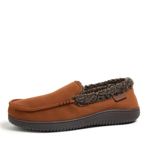 Dearfoams Men'sAlexander Microsuede Moccasin with Berber Casing, CHESTNUT, M