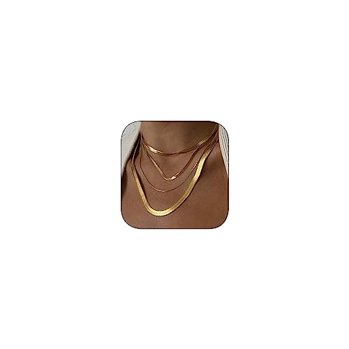 17 MILE Gold Layered Choker Necklace for Women, 14K Real Gold Plated CZ Pendant Necklace, Dainty Flat Snake Chain Layering Necklace for Gift (Herringbone 4 Layered Gold)