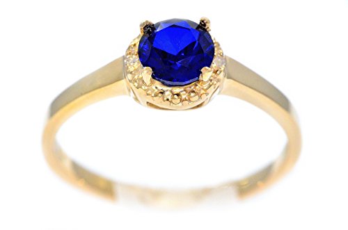 Created Blue Sapphire & Diamond Round Ring 14Kt Yellow Gold Plated Over .925 Sterling Silver