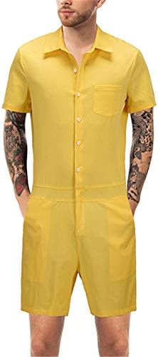 HOP FASHION Mens One Piece Romper Casual Button Short Sleeve Jumpsuit Overalls
