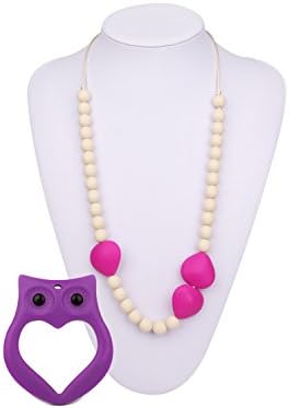 BUNDLE: Silicone Teething Necklace in Violet Red and Ivory with bonus Owl Teether for Baby and Mom, Fashionable and BPA Free (Violet Red and Ivory White)