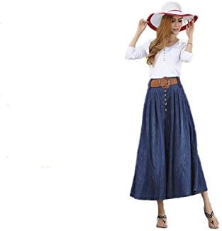 Kha Zix Womens Denim High Waist Pleated Skirt Calf Ankle Tea Length Long Skirt (M, BLUE (WITH BUTTONS))