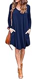 LILBETTER Women's Long Sleeve Pocket Casual Loose T-Shirt Dress (Navy Blue XL)