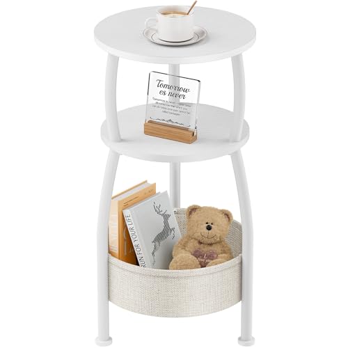 Yuede Round Side Table, 3 Tier Bedside Table, Small End Table with Fabric Basket, Coffee Table for Living Room, Bed Room, Small Space, Easy Assembly (White)